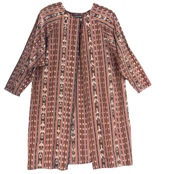 El Huarache Kimono Jacket Womens XL Brown Ikat Stripe Hand Woven Cotton Duster - Picture 1 of 15